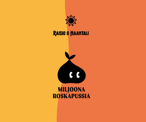 Keltaiseen ja oranssiin jaetulla taustalla Raisio & Naantali sekä Miljoona roskapussia -logo.