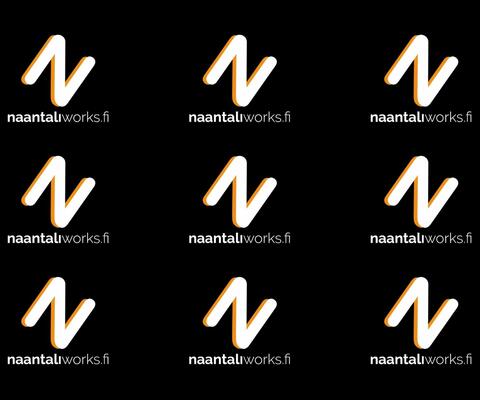 Mustalla pohjalla vierekkäin useampi logo, jossa valkoinen iso N-kirjain vinossa ja sen alla teksti: naantaliworks.fi