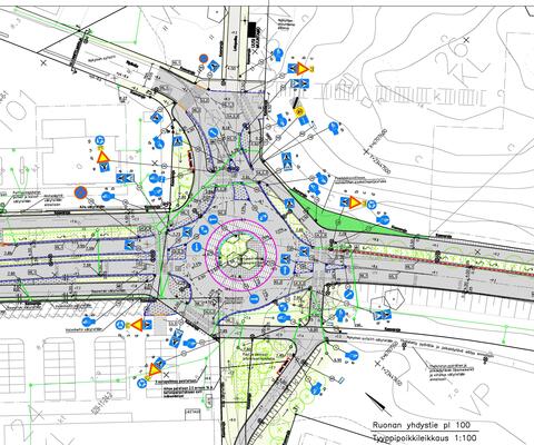 Ruonan yhdystien välillä Aurinkotie-Rautakatu, Ripikujan lounaisosan, Kölitien ja Kölikujan katusuunnitelma