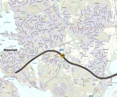 E18-tien suunnittelualue kartalla