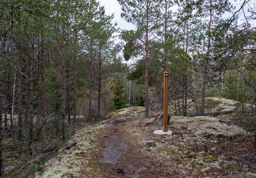 Aurinkokuvakkeella varustettu opaste kallion päällä. Keskellä kulkee polku.