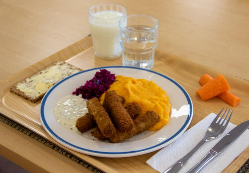 Kouluruokatarjottimella on lasi vettä ja maitoa, aterimet servetillä, voideltu näkkäri, kolme porkkanapalaa keossa sekä keskellä lautanen, jolle on koottu juuresmuusia, viisi kalapuikkoa kasaan sekä kermaviilikastiketta ja punajuurenväristä raastesalaattia.