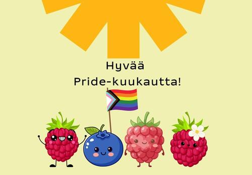 Kuvassa mustikka ja kolme vadelmaa juhlistamassa Pride- kuukautta