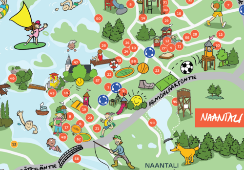 Piirroskartta Naantalista, johon on merkitty perheliikuntapaikkoja Manner-Naantalin alueella.