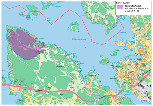 Kartassa näkyy 134 hehtaarin alue, jonka kaupunki ostaa Luonnonmaan luoteisosasta..
