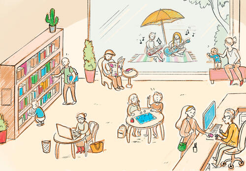 Ihmisiä kirjastossa