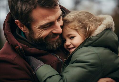 Tyttö halaa miestä miehen sylissä