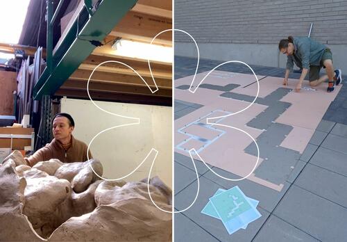 Vasemmalla Benjamin Orlow keramiikan parissa, oikealla Petri Eskelinen katsoo pohjalevyjä maassa. Kuvan päällä Onnellinen aurinko -elementti.