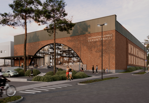Kalevanniemen uuden liikuntahallin havainnekuva, jossa suuret kaari-ikkunat pääsisäänkäynnillä.