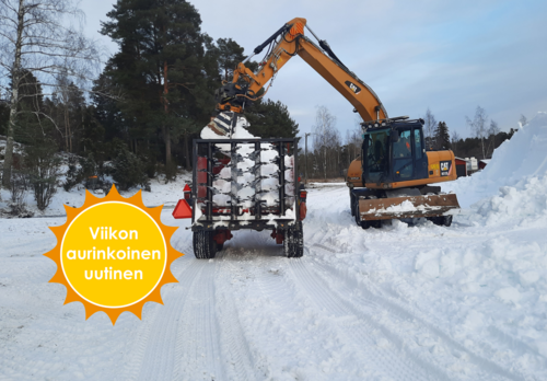 Työmaakoneet työskentelevät lumen parissa. Viikon aurinkoinen uutinen.
