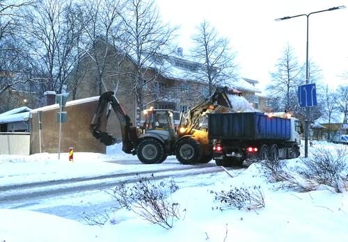 Traktori lastaa lunta kuorma-auton lavalle