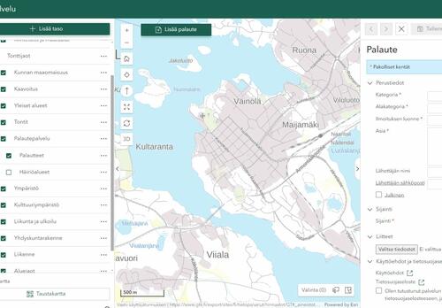 Naantalin karttapalvelussa palautepalvelu-välilehti, yläreunassa Lisää palaute -painike, sivulla auki palautteenjättölomake.