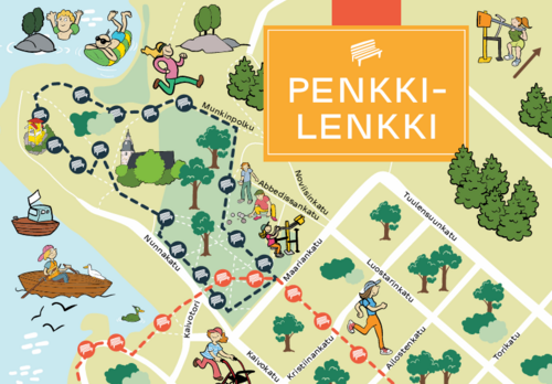 Graafinen karttakuva ikäihmisille suunnatusta penkkilenkistä, johon on merkitty penkkien paikkoja Vanhassakaupungissa.