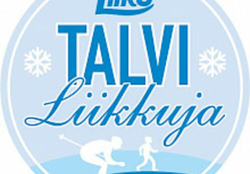 Talviliikkuja-kampanjan vaaleansininen logo lumihiutaleilla ja hahmoilla