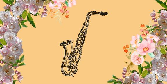 Kuvassa saksofonipiirros kukkasten ympäröimänä.