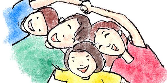 Piirroskuva iloisesta perheestä, jossa äiti, isä ja kaksi lasta
