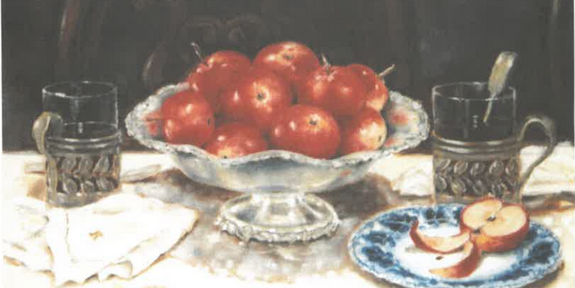 Maalaus, jossa punaisia omenia pöydällä olevassa vaasissa