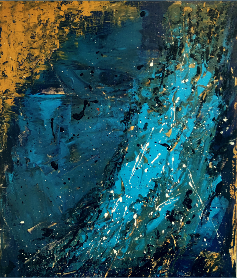 Abstrakti akryylimaalaus, jossa sinisen ja oranssin sävyjä.
