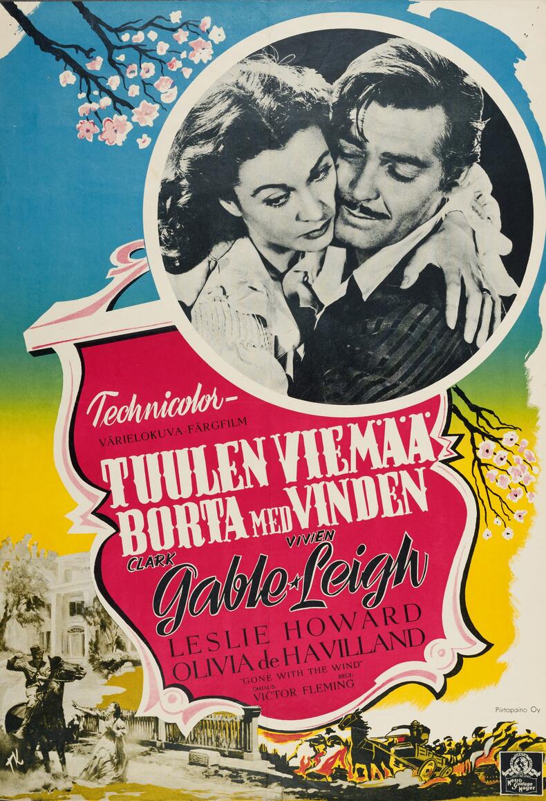 Kuvassa Tuulen Viemää -elokuvajuliste, jossa näyttelijät Glarc Gable ja Vivien Leigh halaavat.