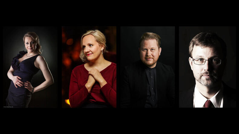 Laulajat Annukka Kuivisto, Heidi Laakso, Nicholas Söderlund ja pianisti Marko Autio