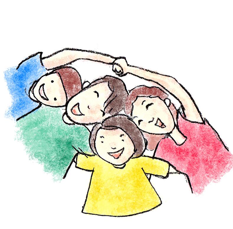 Piirroskuva iloisesta perheestä, jossa äiti, isä ja kaksi lasta