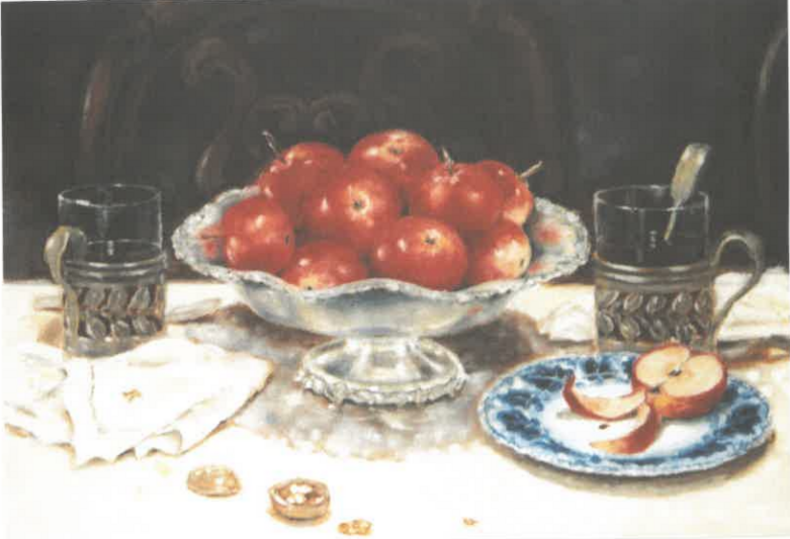 Maalaus, jossa punaisia omenia pöydällä olevassa vaasissa