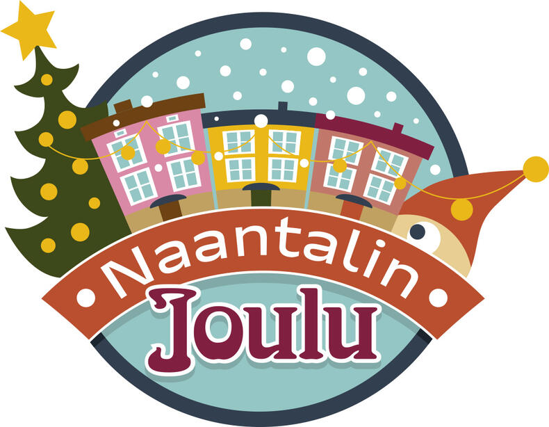 Piirros, jossa joulukuusi, värikkäitä taloja, joulutonttu ja teksti Naantalin joulu.