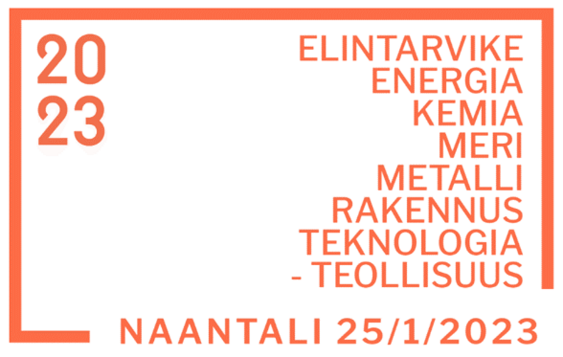 Valkoisella pohjalla oranssit tekstit: Elintarvike-, energia-, kemia-, meri-, metalli-, rakennus-, teknologiateollisuus, Naantali 25.1.2023.