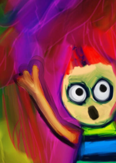 Värikäs naivistinen maalaus lapsesta, jolla on kauhistunut ilme ja kädet ylhäällä