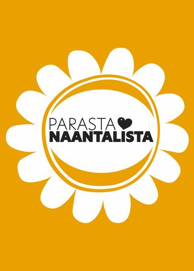 Keltaisella taustalla valkoinen aurinko, jossa keskellä teksti: Parasta Naantalista.