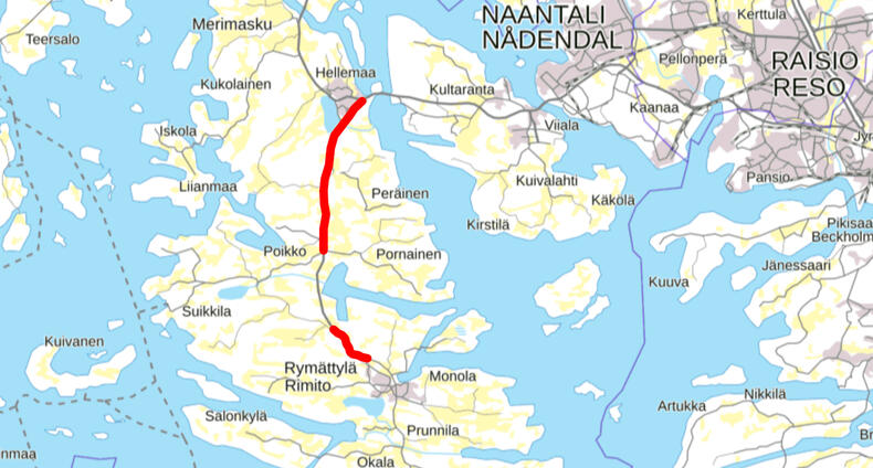 Rymättyläntien yhdistetyn jalankulun ja pyöräilyn väylän kohteet Poikko-Merimaskuntie ja Taipaleentie-Kuralantie karttakuvassa