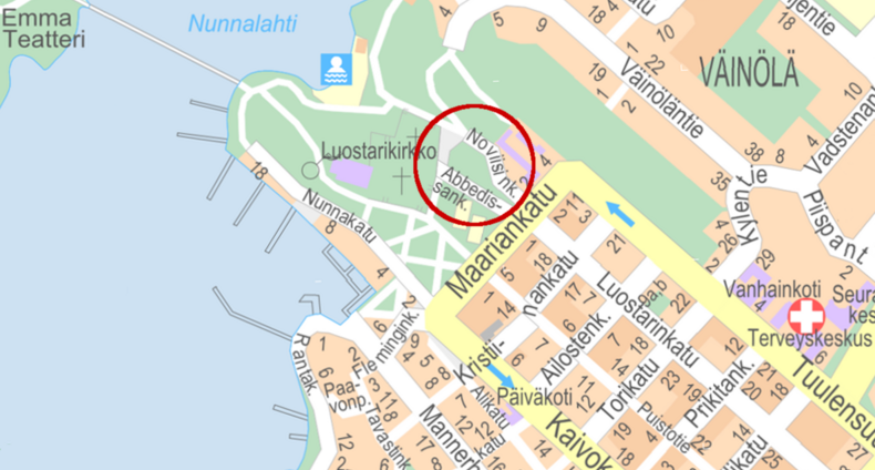 Noviisinkadun-Abbedissankadun pysäköintialueen sijainti opaskartalla
