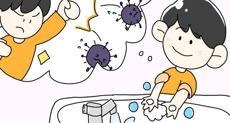 Piirretty lapsihahmo pesee käsitä saippualla, ajatuskuplassa on vihainen hahmo sekä koronasymboleja.
