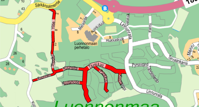 Perhetalon alueen 2-vaiheen länsiosan katuja opaskartalla