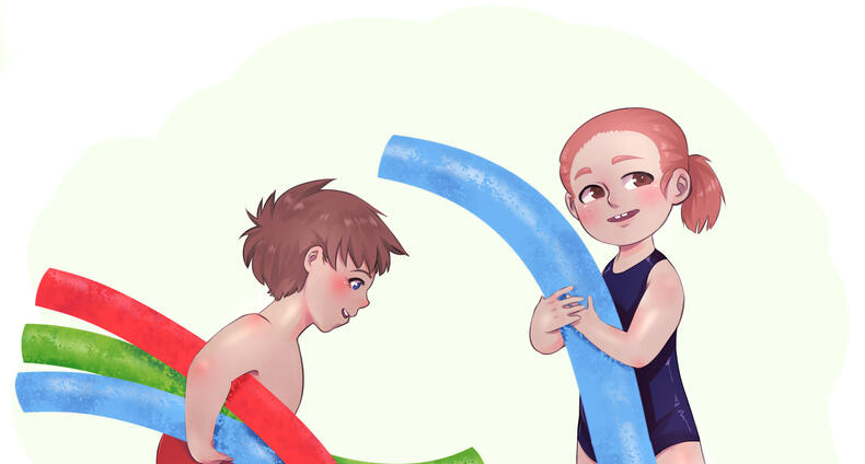 Piirroskuva lapsista uima-altaalla